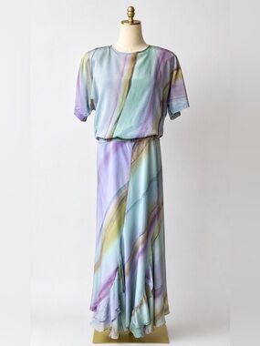 Vintage Yolanda Lorente Hand Painted 100% Silk Maxi Dress Pastel Watercolor S